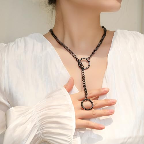 Slip Chain Choker for Women Handmade Black Stainless Steel Cuban Chain Chunky Moon Bat Raven Skull Pendant Gothic Punk Rock Collar Adjustable Lariat Y Necklace for Men - style: Black O-ring