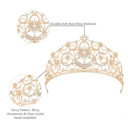 Crystal Crowns for Women, Crystal Bubble TiaraBride Royal Queen Headband Princess Headpieces for Women Bridal Wedding Prom Birthday Party Crowns - color: Golden Star & Moon Crown