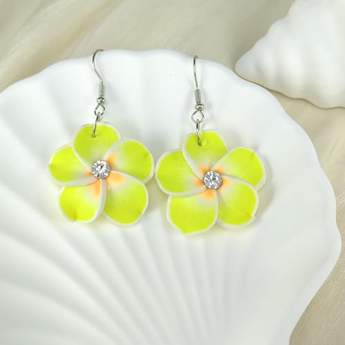 Floral Dangle Earrings for Women Hawaiian Tropical Plumeria Rubra Flower Drop Earrings with Cubic Zirconia Luau Beach Party Vacation Hawaiian Accessories Jewelry Gift - color: Yellow