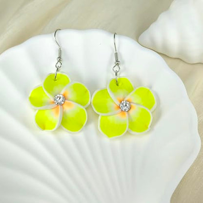 Floral Dangle Earrings for Women Hawaiian Tropical Plumeria Rubra Flower Drop Earrings with Cubic Zirconia Luau Beach Party Vacation Hawaiian Accessories Jewelry Gift - color: Yellow