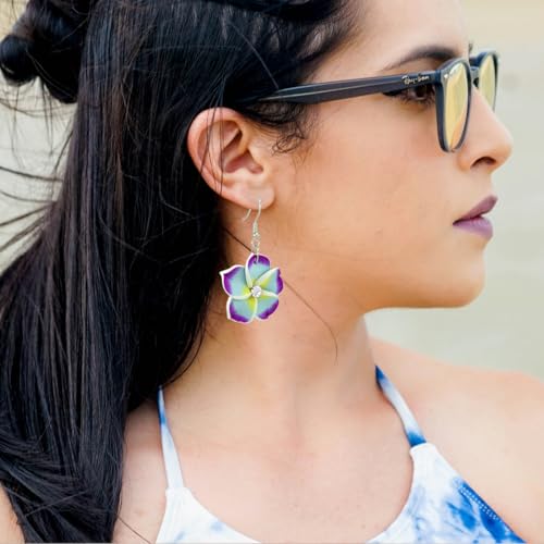Floral Dangle Earrings for Women Hawaiian Tropical Plumeria Rubra Flower Drop Earrings with Cubic Zirconia Luau Beach Party Vacation Hawaiian Accessories Jewelry Gift - color: Purple