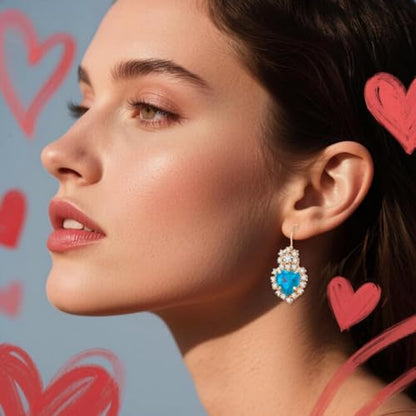 4 Pcs Heart Jewelry Set for Women fashion Cubic Zirconia Pendant Necklace Bracelet Earrings Dainty Open Ring Charm Prom Party, Birthday Valentines Mothers Day Christmas Jewelry Gift - style: Lake Blue