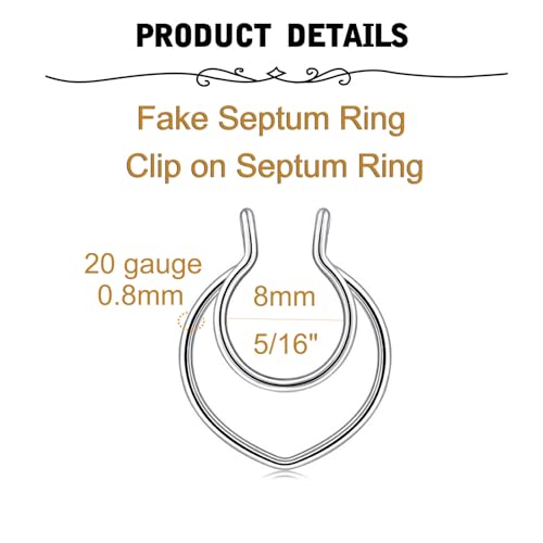Fake Nose Ring Hoop Double Fake Septum Rings Fake Nose Piercing Clip on Earring Hoops Faux Nose Rings Lip Ring - color: A11-Fake septum-silver