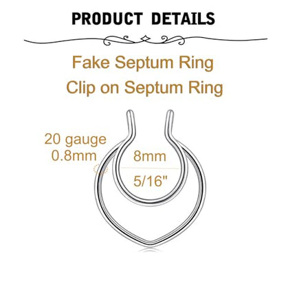Fake Nose Ring Hoop Double Fake Septum Rings Fake Nose Piercing Clip on Earring Hoops Faux Nose Rings Lip Ring - color: A11-Fake septum-silver