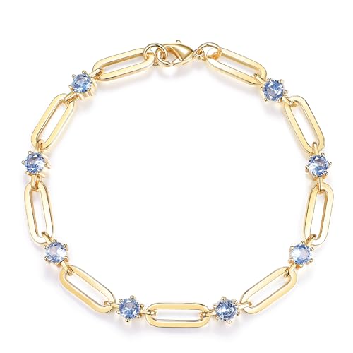 Paperclip Bracelet for Women Couple Bracelets with CZ Chain Strand Jewelry Gift for Girls - color: Style 1-Sapphire-Golden