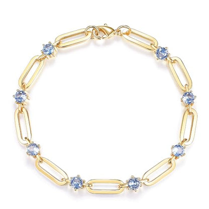 Paperclip Bracelet for Women Couple Bracelets with CZ Chain Strand Jewelry Gift for Girls - color: Style 1-Sapphire-Golden