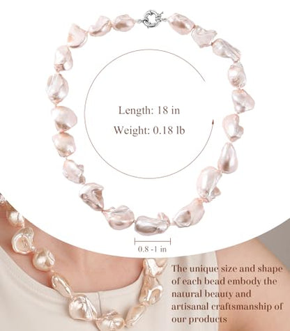Pearl Choker Necklace for Women Boho Beaded Statement Necklace with Black White Large Freshwater Pearls Silver Fashion Jewelry Gift - color: Pink
