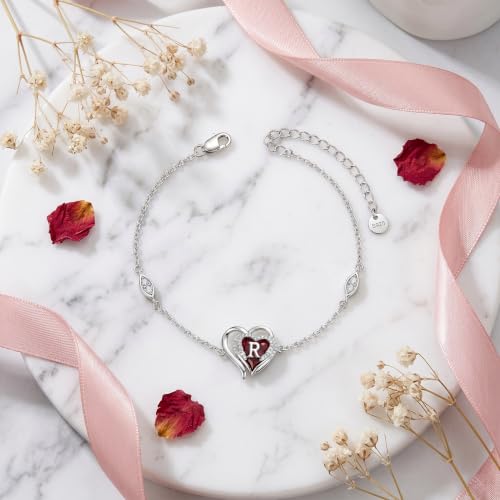 Initial Bracelet for Women 925 Sterling Silver Heart Angel Wings Initial Bracelet Anniversary Birthday Mothers Day Jewelry for Mom Her Wife - color: R