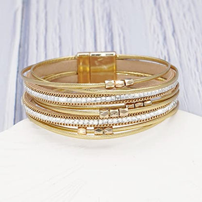 Multi-layer Leather Bracelets Multi-strand Wrap Bracelets Handmade Braided Rope Cuff Bangle with Magnetic Buckle Jewelry - color: Crystal Gold