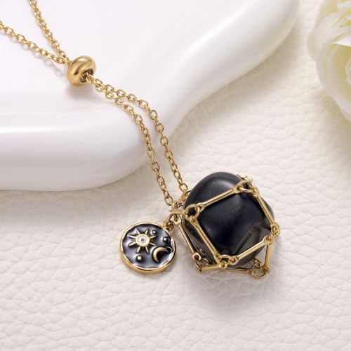 MIXJOY Black Obsidian Crystal Necklace for Women, Sun and Moon Celestial Pendant Protection Gift for Halloween Christmas - style: Small