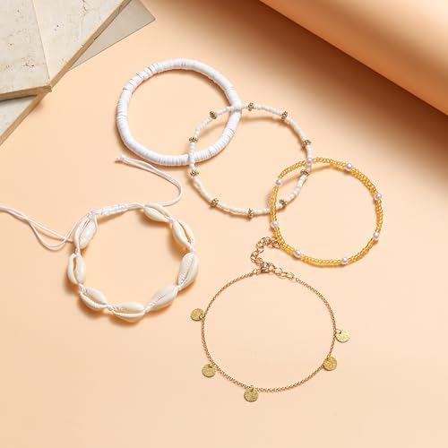 Shell Ankle Bracelet Set for Women Gold Boho Bead Anklets Summer Hawaiian Beach Seashell Pearl Disc Double Heart Starfish Conch Layered Foot Chain Jewelry Adjustable - style: A: Disc