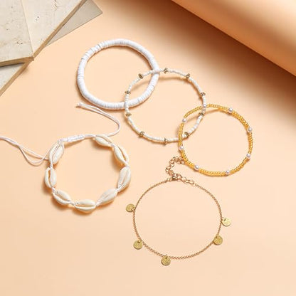 Shell Ankle Bracelet Set for Women Gold Boho Bead Anklets Summer Hawaiian Beach Seashell Pearl Disc Double Heart Starfish Conch Layered Foot Chain Jewelry Adjustable - style: A: Disc