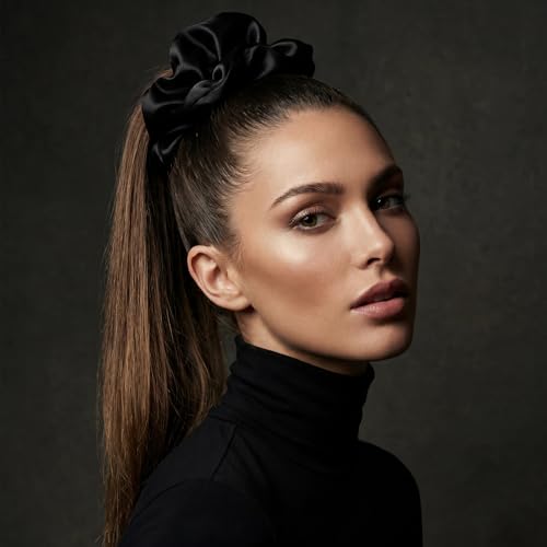 4 PCS Large Satin Silk Scrunchies for Women Big Hair Scrunchies Thick Hair | Black Navy Brown Champagne / Stretched 10" Length / No Damage / Gift Box /Diameter: 5 inches / All Hairstyles - color: Black Navy-Blue Brown Champagne, size: 1 Count (Pack of 4)