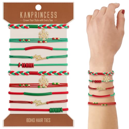 KANPRINCESS 10pcs Christmas Boho Hair Ties - 5 Styles | Elastic Hair Bands & Bracelets for Women's Thick or Thin Hair - No Damage - Christmas Gift For Girls Teens Women - color: Set19