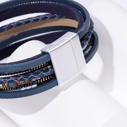 Boho Leather Wrap Bracelets Beaded Stackable Cuff Bracelet Country Concert Outfits Cowboy Cowgirl Western Jewelry Gifts for Women - color: 2layer-Blue
