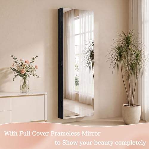 Unisakey Mirror Jewelry Cabinet,Lockable Wall or Door Mounted Jewelry Armoire Organizer With Built-up Mirror,LED Lights, Drawers,Cosmetic Trays,Shelves, 14.4"x3.15"x 43.1"（Black） | Door or Wall Mount Flexible,Drawers Cosmetic Trays Shelves Inside,Built-in