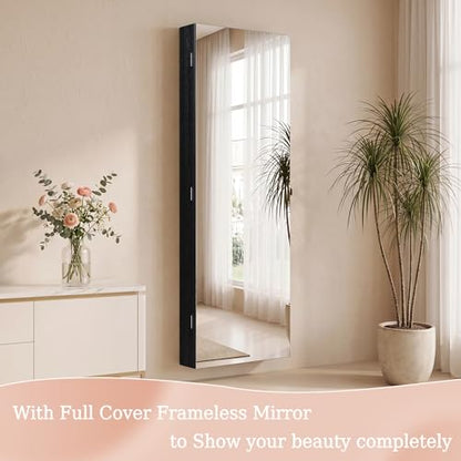 Unisakey Mirror Jewelry Cabinet,Lockable Wall or Door Mounted Jewelry Armoire Organizer With Built-up Mirror,LED Lights, Drawers,Cosmetic Trays,Shelves, 14.4"x3.15"x 43.1"（Black） | Door or Wall Mount Flexible,Drawers Cosmetic Trays Shelves Inside,Built-in