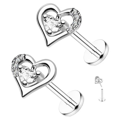 VERAMI 16G Surgical Steel Pushin Lip Rings Butterfly Flower Bee Nose Stud Rings Top Push in Threadless Flat Back Nose Rings Studs Cartilage Earrings for Womens - color: Silver-Double heart