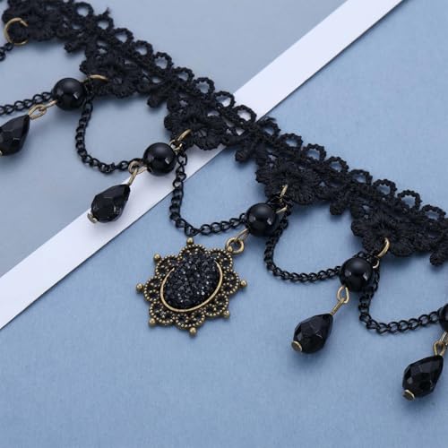Wide Black Lace Choker Necklace Gothic Lace Pearl Tassel Necklace Short Hollow Flower Tattoo Necklaces Waterdrop Rhinestone Necklaces Halloween Wedding Party Jewelry - style: Style2