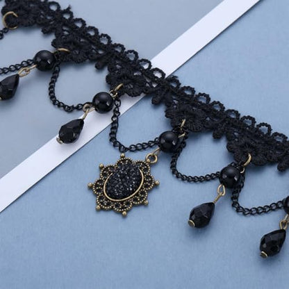 Wide Black Lace Choker Necklace Gothic Lace Pearl Tassel Necklace Short Hollow Flower Tattoo Necklaces Waterdrop Rhinestone Necklaces Halloween Wedding Party Jewelry - style: Style2