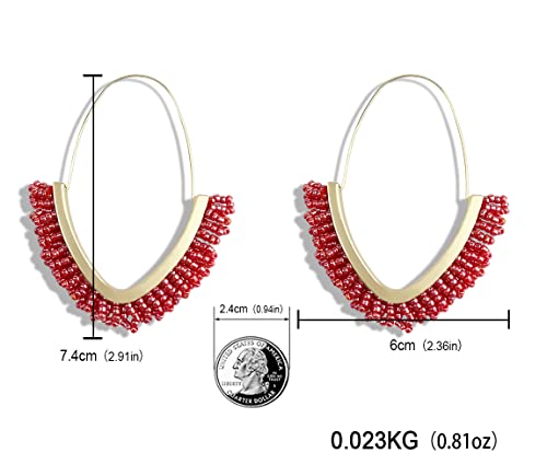 V-Shaped Beaded Dangle Earrings - Statement Drop Fringe Earrings, Boho Handmade Tassel Jewelry Gift for Women - color: Red