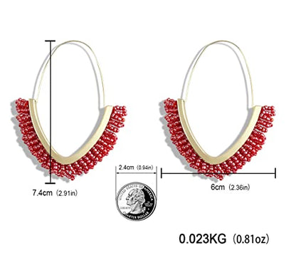 V-Shaped Beaded Dangle Earrings - Statement Drop Fringe Earrings, Boho Handmade Tassel Jewelry Gift for Women - color: Red