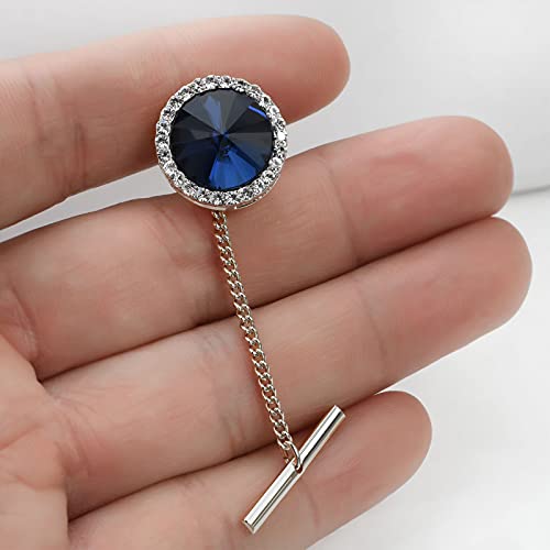 Men's Classic Round Crystal Men's Tie Tack Gold Color Tie Tack Clutch Back Fashion Necktie Tack Pin with Chain Crystal Lapel Pins Brooch - color: Royal Silver Tie Tack