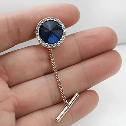 Men's Classic Round Crystal Men's Tie Tack Gold Color Tie Tack Clutch Back Fashion Necktie Tack Pin with Chain Crystal Lapel Pins Brooch - color: Royal Silver Tie Tack