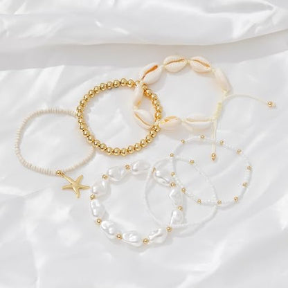 LALAPPLE Shell Bracelet Boho Beaded Stretch Bracelets for Women Seashell Strand Bracelets Starfish Charm Jewelry Summer Beach Jewelry Stackable Crystal Gold Plated Beads Bracelet for Women - style: B-beaded shell bracelet