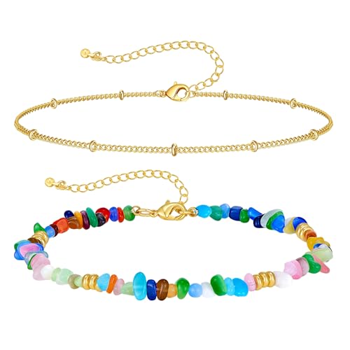 Ankle Bracelet for Women Natural Stone Colorful Beaded Boho Layered Anklet 14K Gold Plated Adjustable Beads Chain 2Pcs Anklets Set Handmade Summer Beach Jewelry - color: Irregular Chips