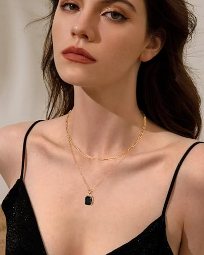 Gold Layered Necklaces for Women, 18k Gold Plated Crystal Necklace Paperclip Choker Emerald Green Jewelry for Women Gifts - color: Black Necklace