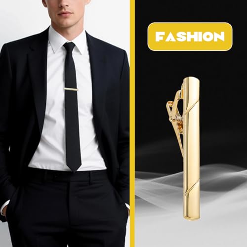 2.36 Inch Mens Silver Tie Clip, Stainless Steel Diagonal Stripe Tie Bar, Non-Slip Minimalist Necktie Clip for Business Wedding Daily Wear - color: Gold