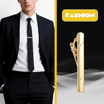2.36 Inch Mens Silver Tie Clip, Stainless Steel Diagonal Stripe Tie Bar, Non-Slip Minimalist Necktie Clip for Business Wedding Daily Wear - color: Gold