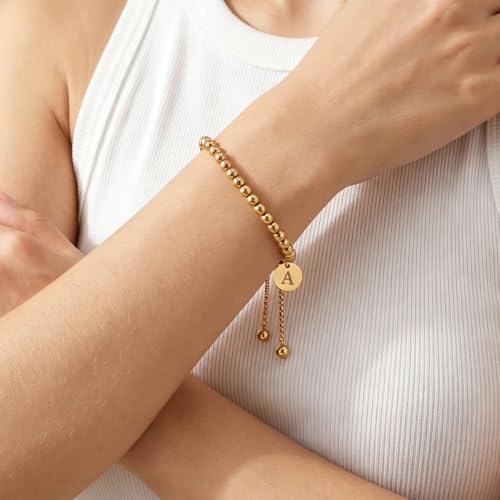 Waterproof Non Tarnish PVD 18K Gold Plated Stainless Steel Beaded Bracelets for Women, Hypoallergenic Dainty Initial Letter Charm Beaded Stackable Adjustable Bracelets, Love Knot Oval Bangles Single & Gift Sets Birthday Jewelry for Her - color: gold-A