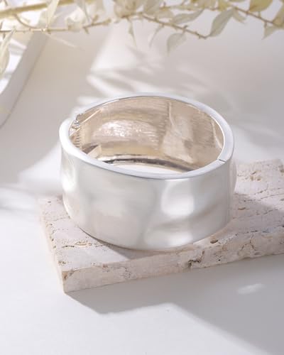 Bangle Bracelets for Women | 14K Gold Plated Trendy Wide Bracelets | Hinged Arm Cuff Bangles Chunky Bracelet for Women - color: Matte Silver