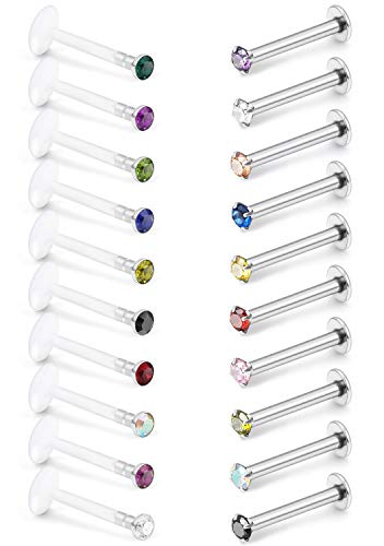 SCERRING 16G Lip Rings 6mm 8mm 10mm Acrylic & Stainless Steel Labret Monroe Lip Ring Tragus Rook Helix Earring Stud Piercing Jewelry with 2mm CZ 20-40PCS - style: 20PCS - 8mm w Mix Color CZ