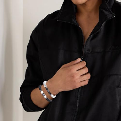 Mens Beaded Bracelets Set 8MM Tiger Eye Lava Stone Stretch Natural Stone Men's Bead Bracelet Mens Bracelet - color: 2, Black, White Bracelet