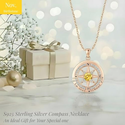 Compass Necklace for Women Wife Girlfriend Mom Daughter Gifts | S925 Silver Jewelry For Anniversary 18K Rose Gold Gifts For Birthday Christmas Mothers Valentines Day 12 Birthstones - style: 11-November-Rose Gold
