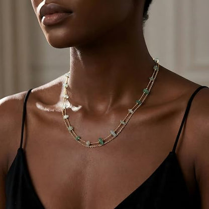 Harlermoon Natural Stone Layered Necklace for Women - 18K Gold Plated Stainless Steel Dainty Beaded Choker, Waterproof Tarnish Resistant Boho Summer Beach Jewelry Gift Box - color: Green