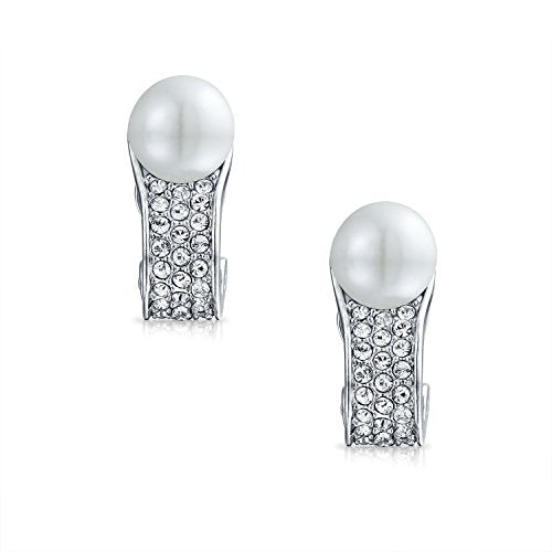 Bridal Cocktail Crystal Faux White Pearl Huggie Clip On Earrings For Women