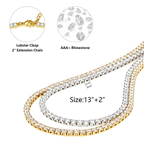HERIER Tennis Necklace for Women 14K Gold Plated or Silver Rhinestone Choker Necklaces Dainty Zirconia Cut Faux Diamond chain 3mm - color: Silver-tennis