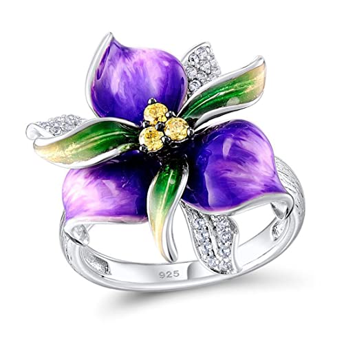 HAIXIAN Colorful Enamel Flower Ring for Women,Platinum Plated Resin Floral Cocktail Party Statement Ring Jewelry Gift for Her - color: Ring_A