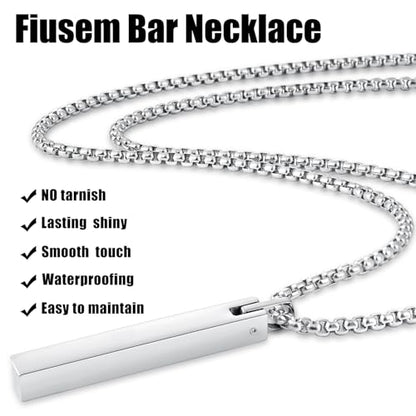 Fiusem Pendant Necklace for Men, Stainless Steel Bar Chain | Silver Tone/14k Gold Plated/Black Mens Pendant Necklaces with 2.5mm Box Chain, Jewelry Gifts 18-28 Inch - color: silver, size: 20 Inches, style: Clasp Rectangle