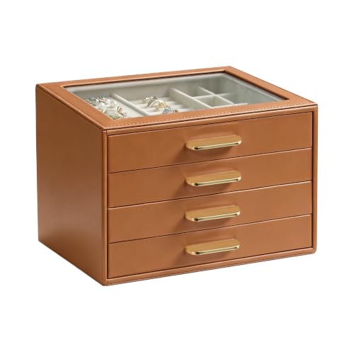 Homeanda Glass Lid Jewelry Boxes for Women, 4-Layer PU Leather Organizer with 3 Drawers, Display Storage for Rings Necklaces Earrings Bracelets Watches, Gift for Wife and Girls (Brown) - color: Brown, size: 4 Layer (8.4"D x 7.1"W)