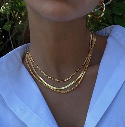 DEARMAY 14K Gold Plated Herringbone Necklaces for Women, Dainty Gold Snake Choker Chain Non Tarnish Trendy Simple Thin & Chunky Options Neckalce 1.5/3/5/6/8mm Chain Jewelry for Gifts - color: 3Pcs Gold Necklace Set (Herringbone+Cuban+Rope)