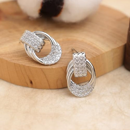 Jean Beau Chunky Gold Stud Earrings for Women Trendy Gold Plated Dangle Drop Prom Birthday Fashion Office Jewelry Gift - color: Silver CZ
