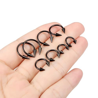 Long Spike Septum Rings 16G Surgical Steel Snake Bite Jewelry Lip Rings Smiley Piercing Jewelry for Women Men 6mm/8mm/10mm/12mm - color: black,8pcs,16g,Dia.6-12mm