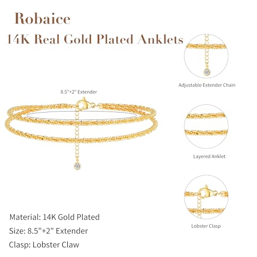 Robaice Ankle Bracelets for Women, 14K Gold Plated/Silver Layered Anklets | Waterproof Adjustable Anklet for Women, Summer Beach Anklet, Glitter Jewelry for Women Gifts - color: Gold