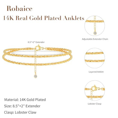 Robaice Ankle Bracelets for Women, 14K Gold Plated/Silver Layered Anklets | Waterproof Adjustable Anklet for Women, Summer Beach Anklet, Glitter Jewelry for Women Gifts - color: Gold