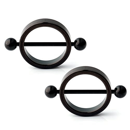 Ruifan 1Pair 14G Surgical Steel Round Circle Nipple Shield Ring Body Piercing Jewelry - color: Black